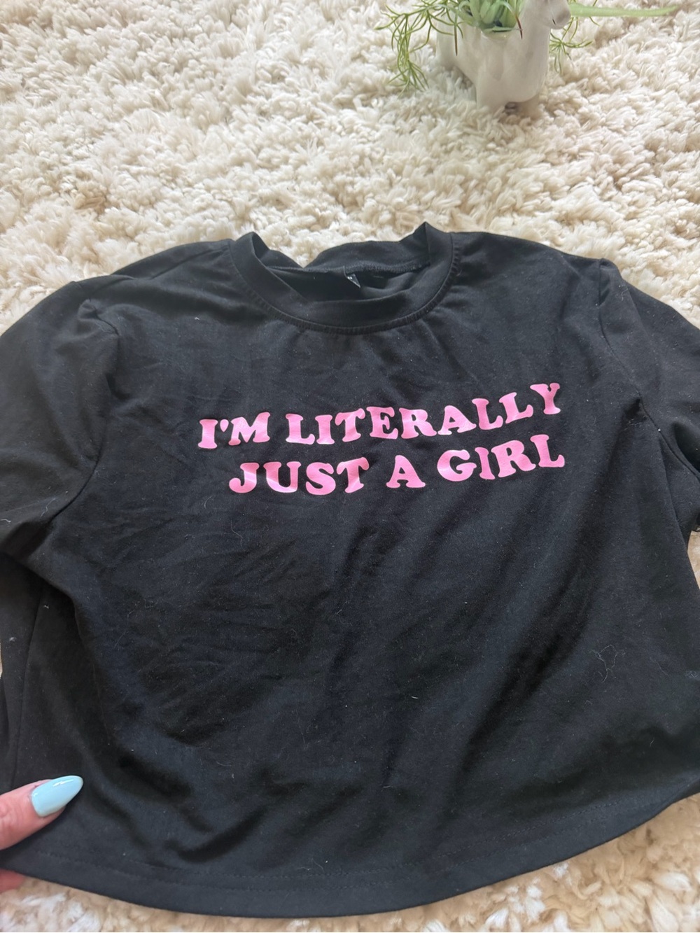 Black Crop Tee with Pink Slogan I’m just a girl - Women's Casual Graphic Top - Picture 3 of 5